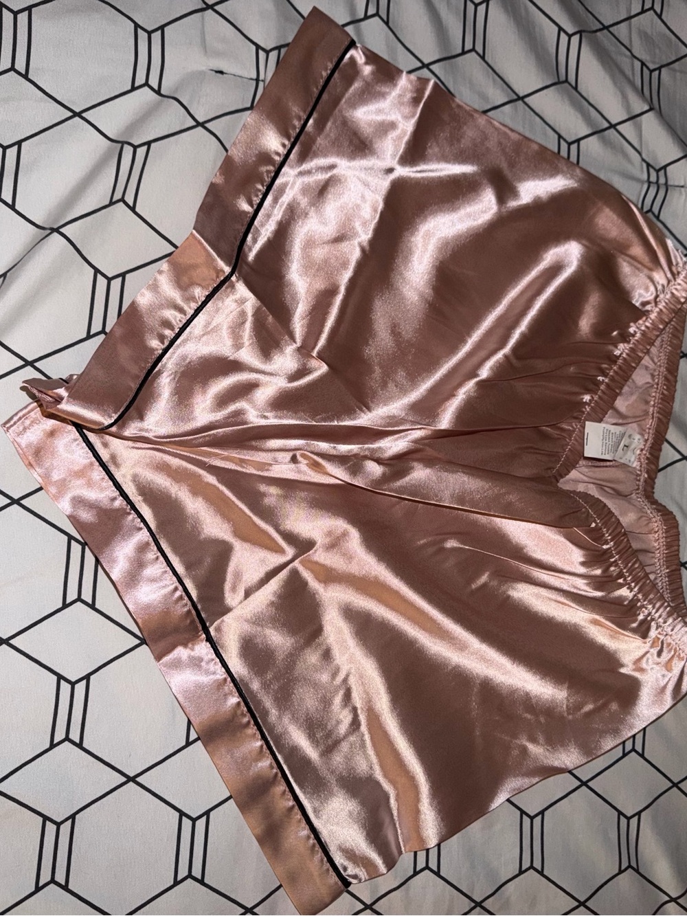 SHEIN Rose Gold Satin High Waist Shorts with Black Piping